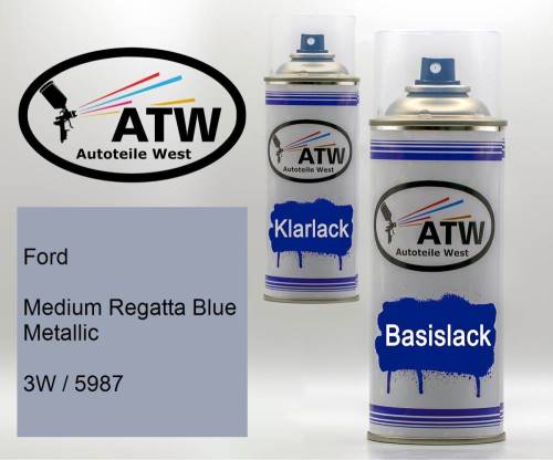 Ford, Medium Regatta Blue Metallic, 3W / 5987: 400ml Sprühdose + 400ml Klarlack - Set, von ATW Autoteile West.